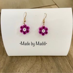 •Made by Maddi• Flower Perler Bead Earrings purple and white w/ gold‎ hard wear